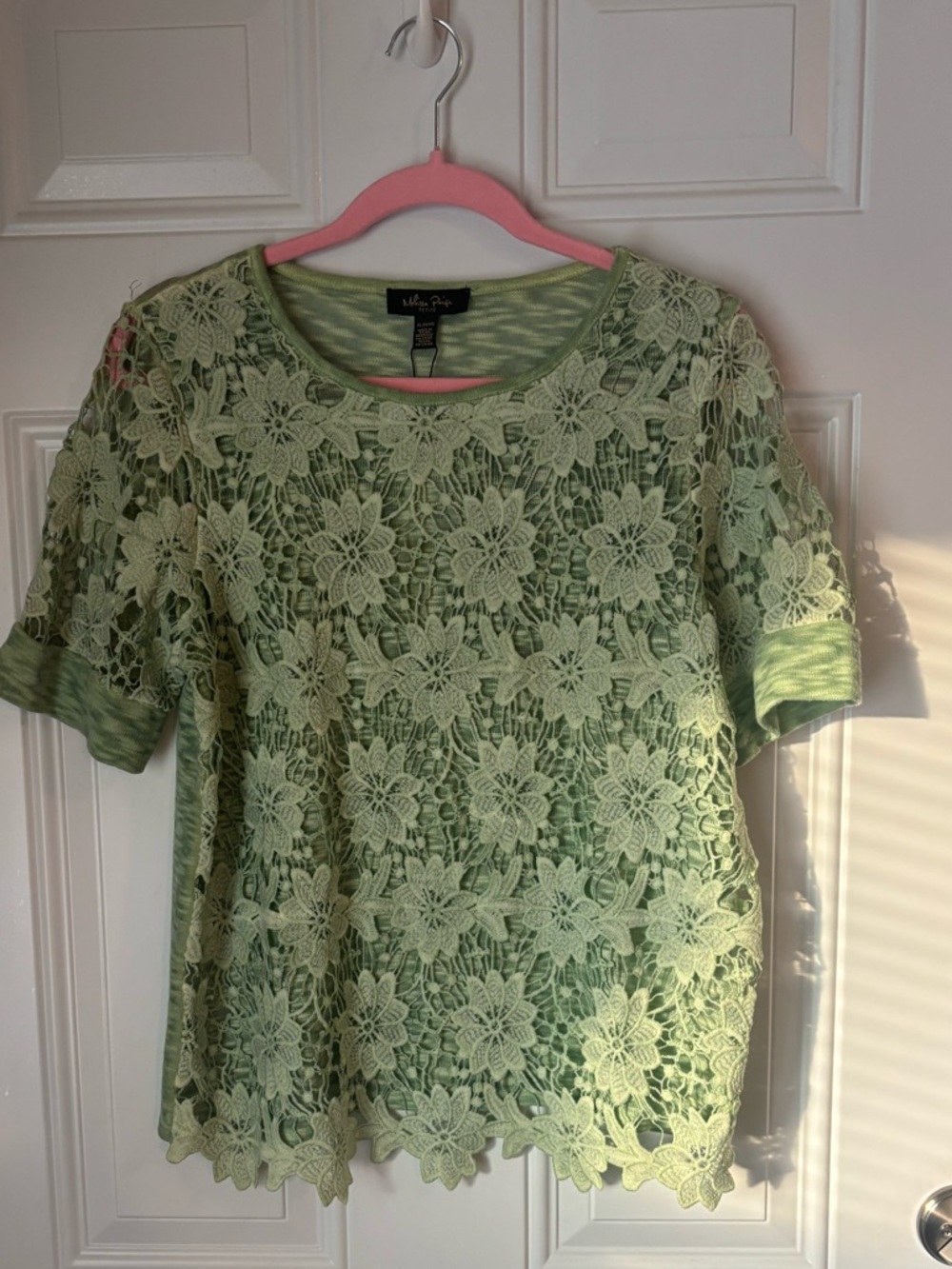 Melissa Paige Light Green Floral Lace Short Sleeve Top